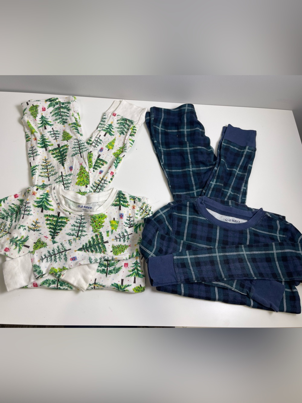 Old Navy Kids Pajama Sets - White & Green Tree Print, Navy Blue Plaid 8